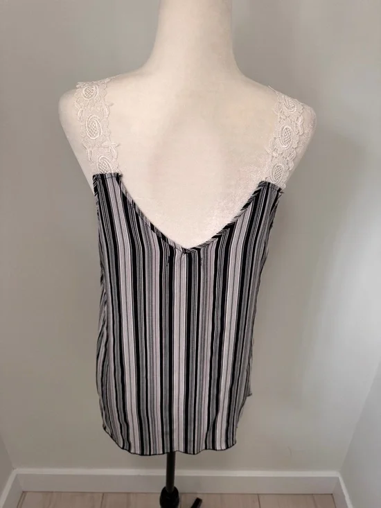 Tank Top Polka Dot & Vertical Stripe Lace-Trim Straps - Black/White Relaxed Fit - Picture 7 of 14